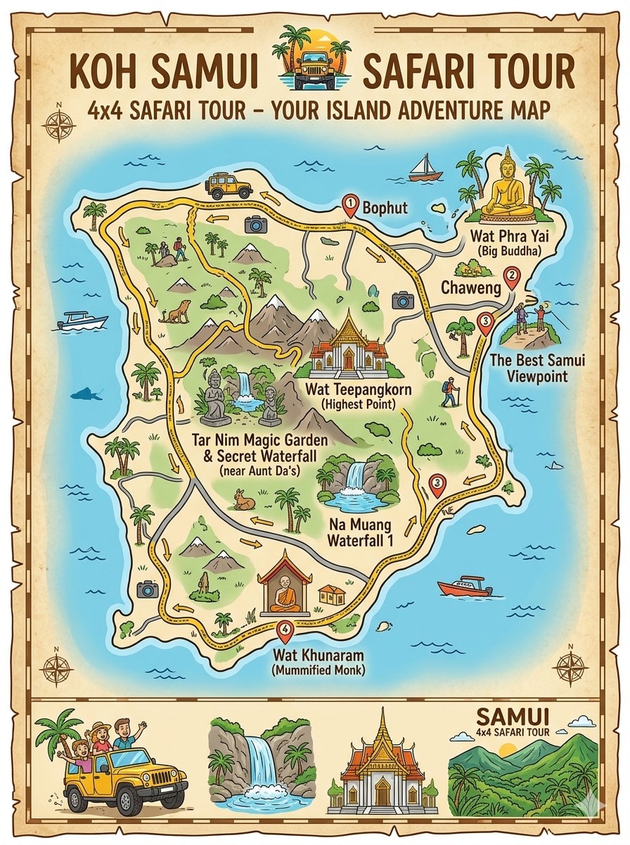 Koh Samui 4x4 Safari Tour Route Map showing all stops